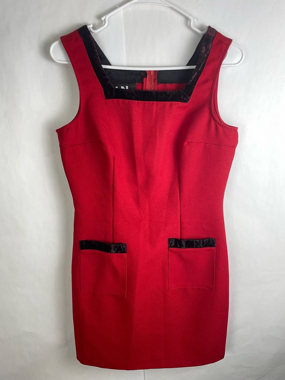 Vintage I.N. San Francisco Red Square Neck Velvet Trim Sheath Dress Office Siren